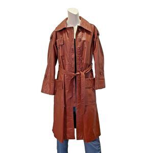 Vintage 70s PBD Burgundy Brown Long Leather Trench Nine Button Spy Coat - M